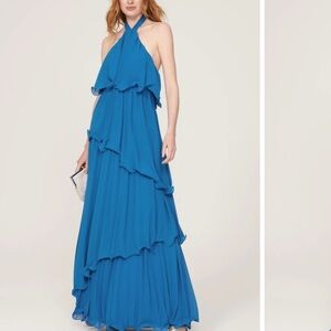 One33 social blue halter tiered gown